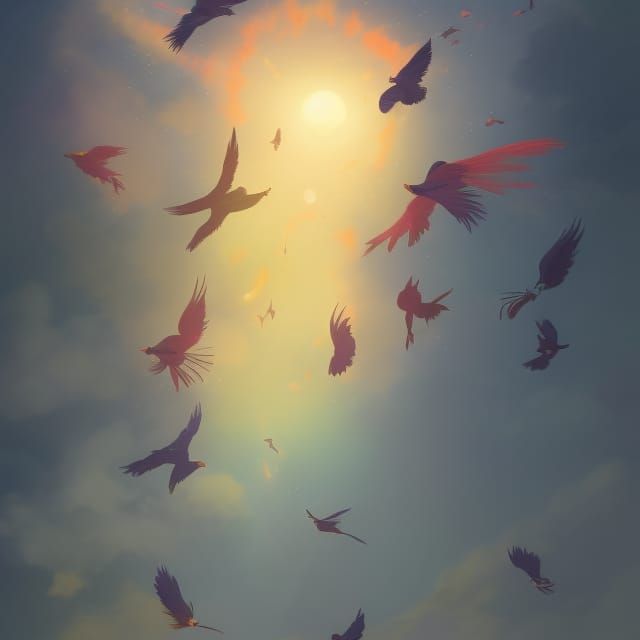 Colourful birds flying in the sky