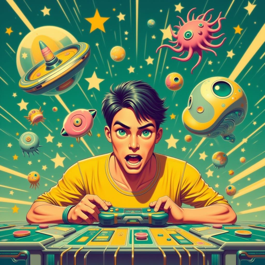 <lora:Limutopia:1.0>
a man intensely focused on a video game, surrounded by a colorful and futuristic scene. The man's dark hair and green e...