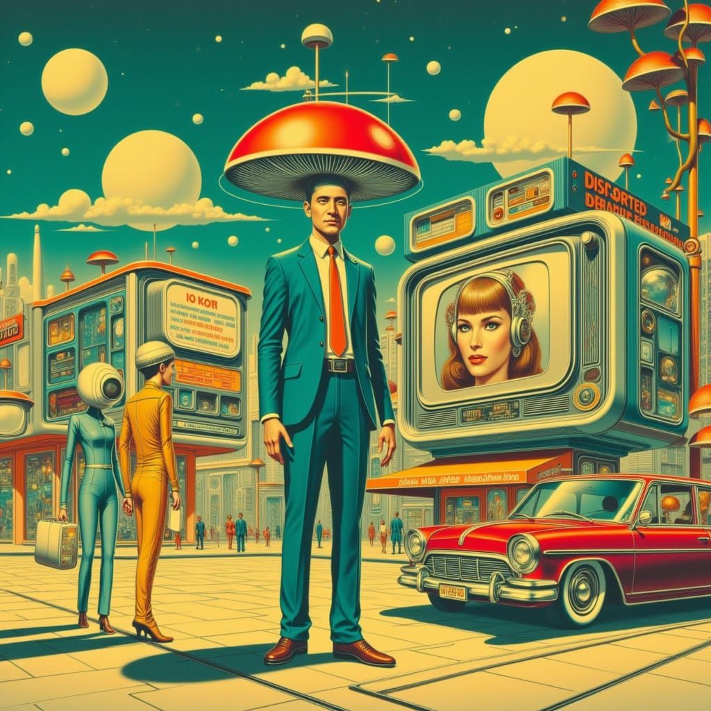 <lora:Limutopia:1.0>
 a surreal scene of a man with mushrooms growing out of his head, standing in front of a city street with a retro-style...
