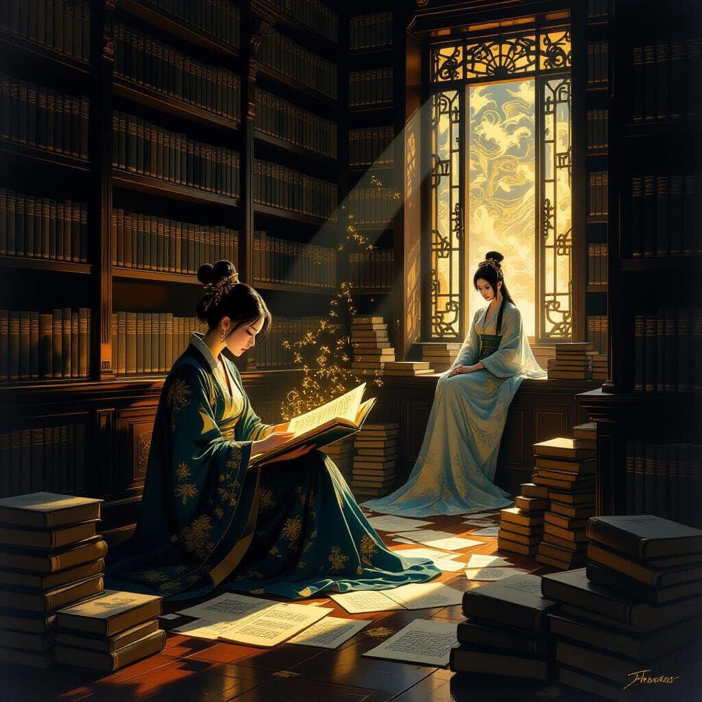 Scholar's Library: Golden Knowledge and Scripted Beauty
