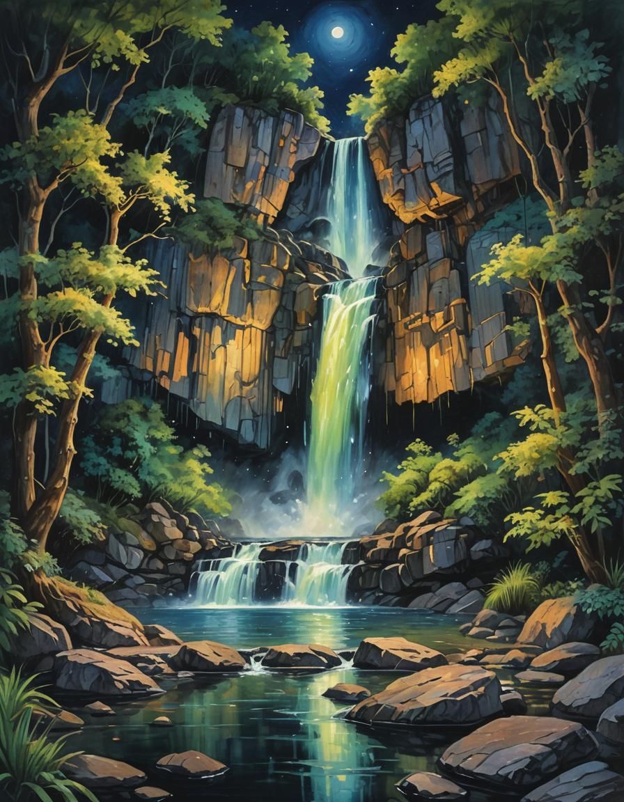 Waterfall At night  by @Lyria