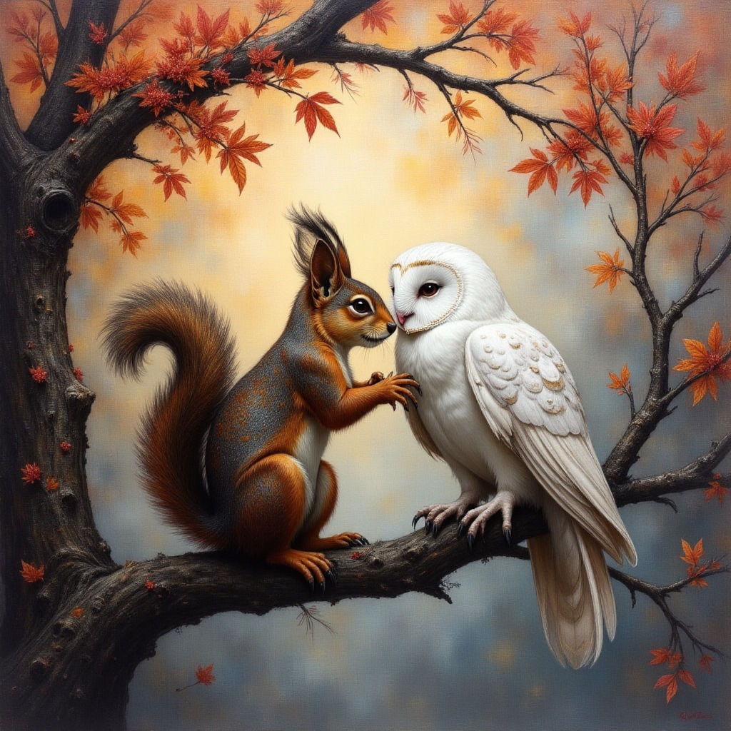 Squirrel and an Owl on a branch in Autumn