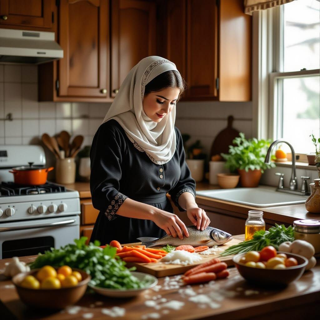 Haredi Woman Prepares Gefilte Fish in Traditional Kitchen