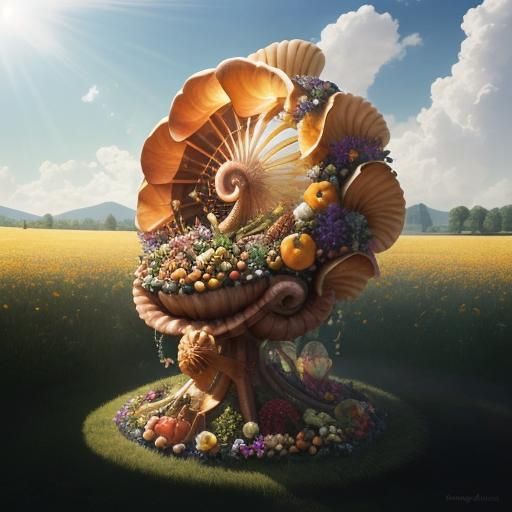 A gigantic Cornucopia in the shape of a nautilus shell fille...