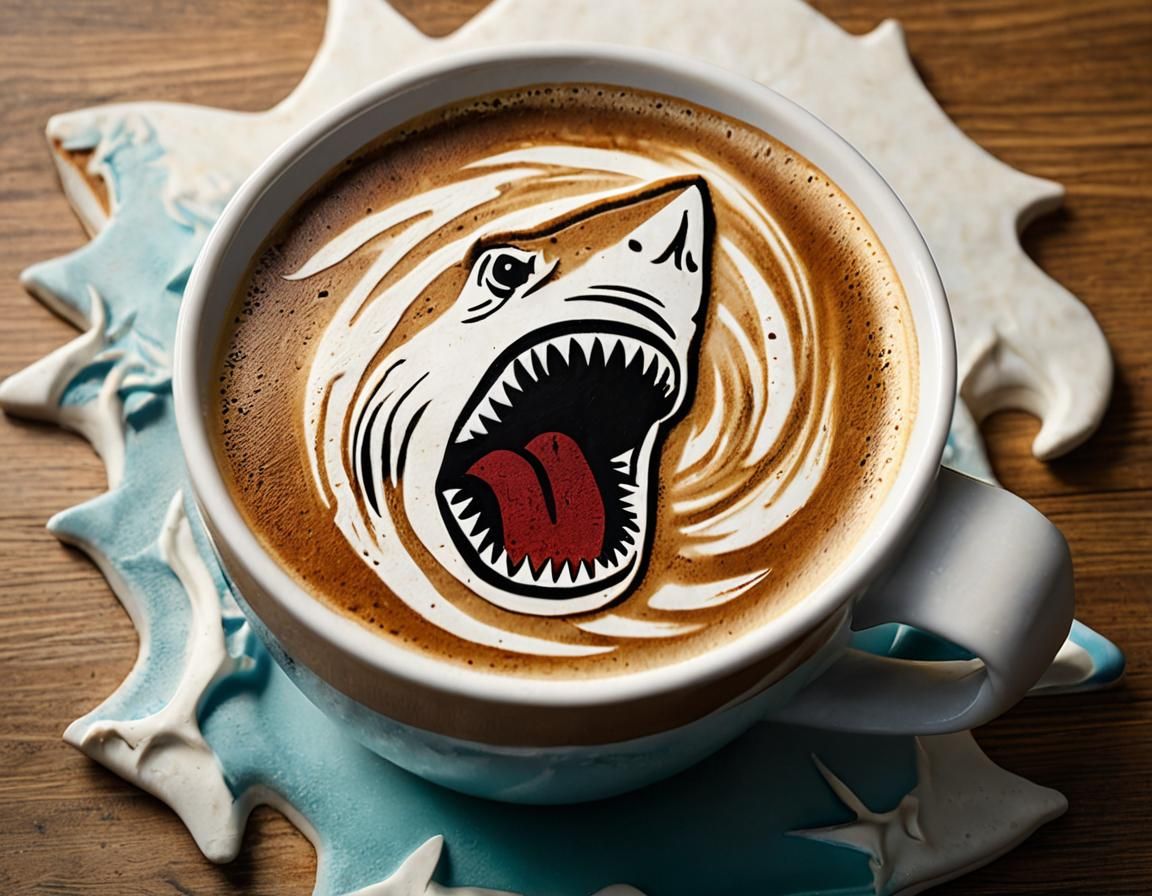 coffee latte art made entirely of brown or white from foam in shape of the Jaws movie poster where a shark a shark attacking from the bottom...