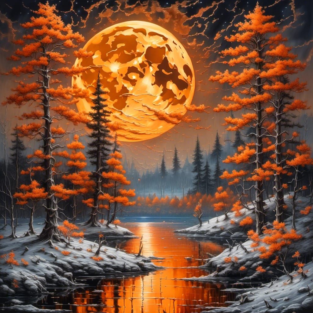 Orange forest lake landscape, large moon, moonstorm, paint, drips, Insanely detailed, <lora:MoonStorm:1.0>