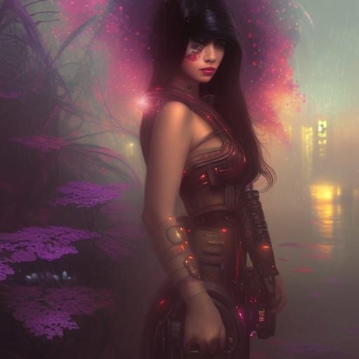 Cyberpunk lady, scifi, beautyfull girl, futur, red roses, bl...