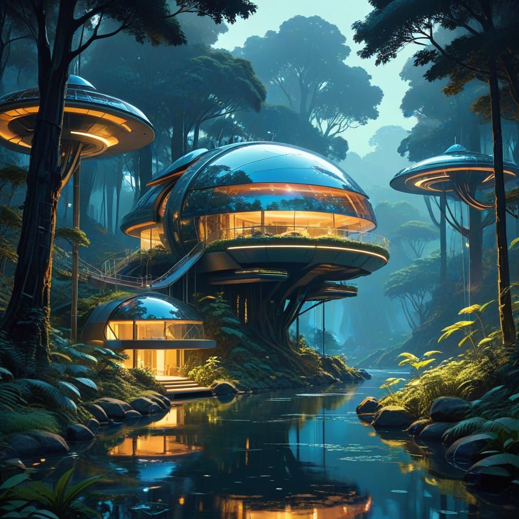 Solarpunk forest estate.  by @Ivik