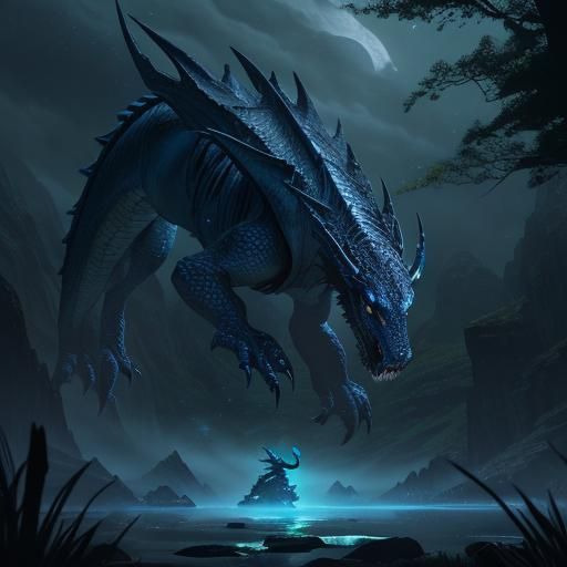 A majestic, midnight-blue dragon, akin to Toothless from "How to Train Your Dragon," soaring gracefully through a serene nightscape. The dra...