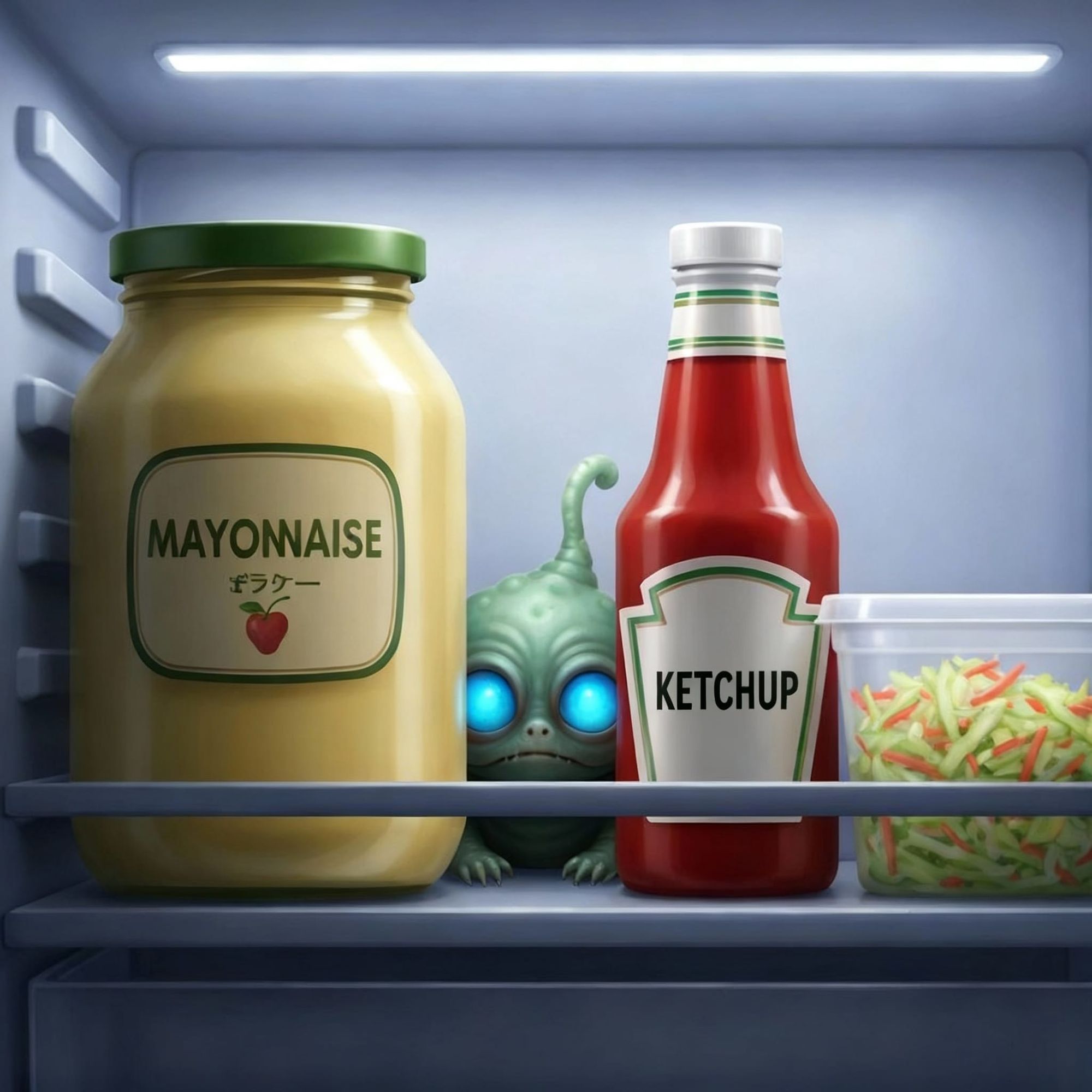 The creature that lived in the refrigerator behind the mayonnaise next to the ketchup and to the left of the cole slaw