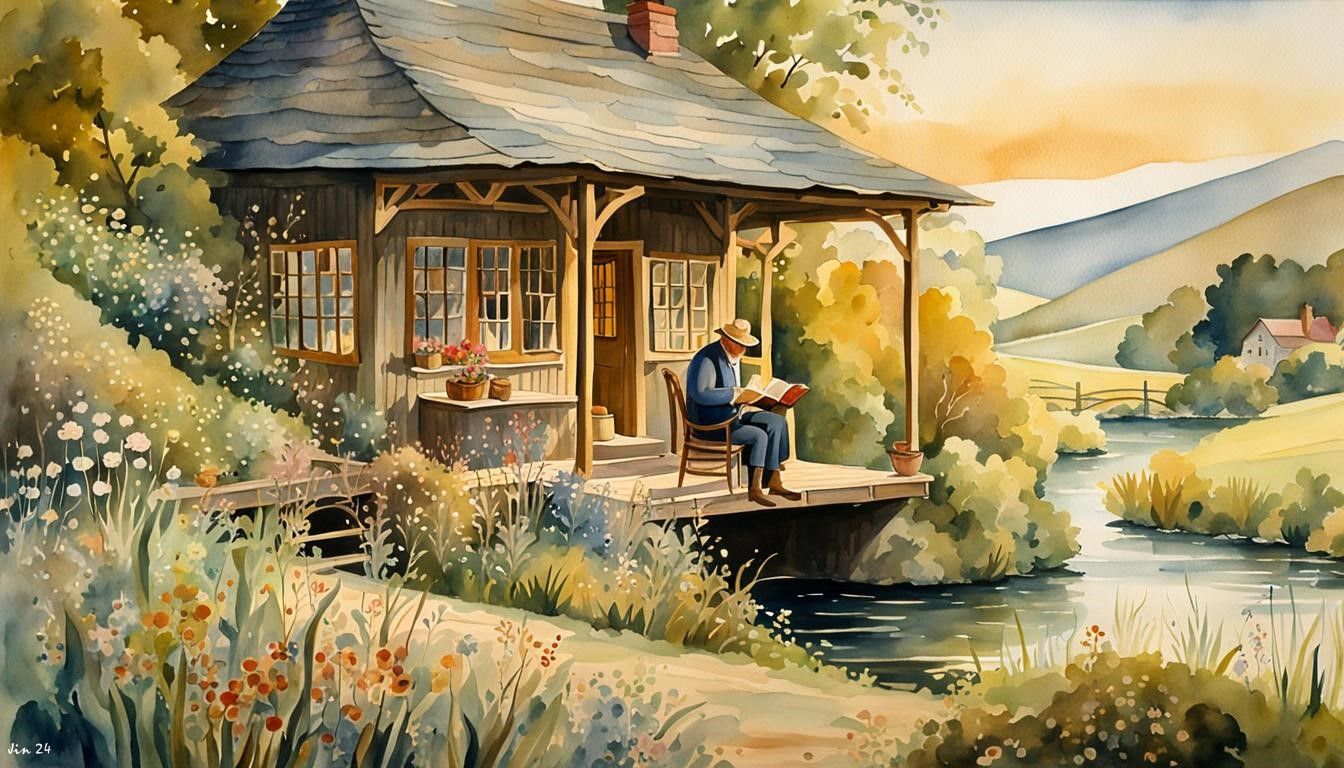 The old man in the morning at his cabin