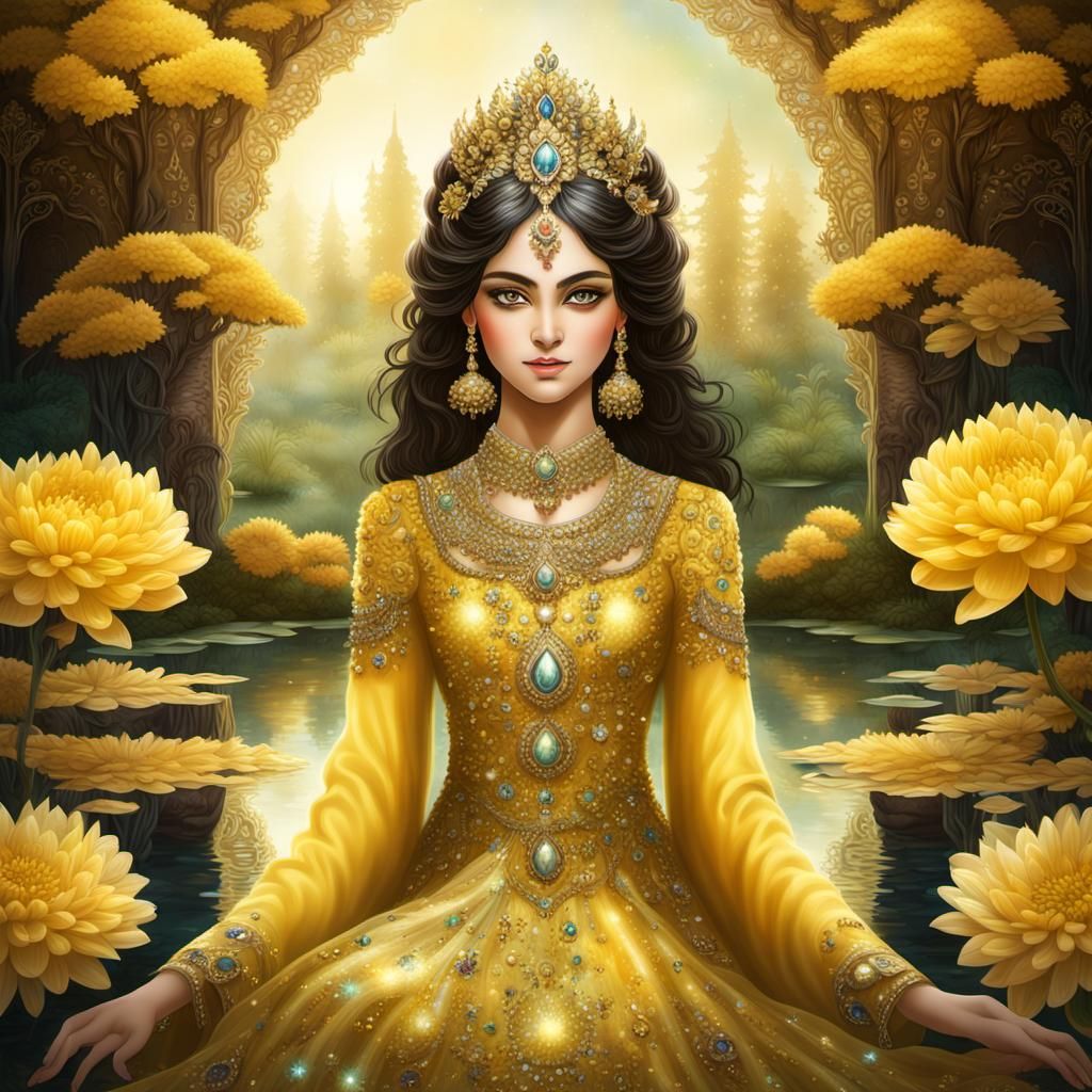 Ornate Persian princess in yellow and golden dress made of g...