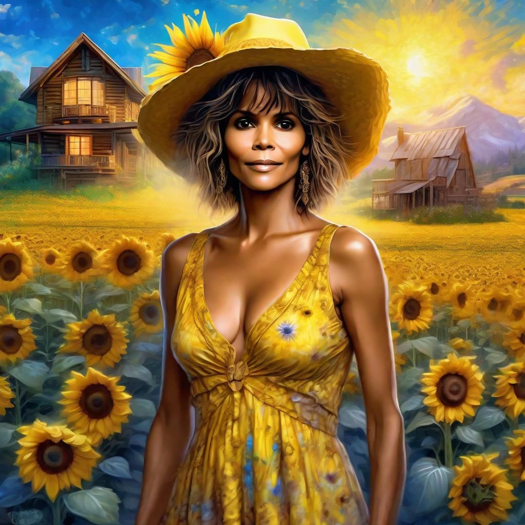 Halle Berry in a Yellow printed sensual dress, Strawhat with...