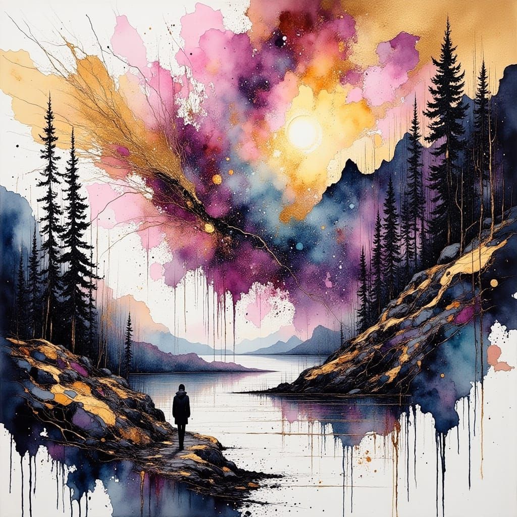 Beautiful abstract Norse art, patterns of white gold purple and black, evoking the wilderness of Lofoten in the high North, inspiring, <lora...