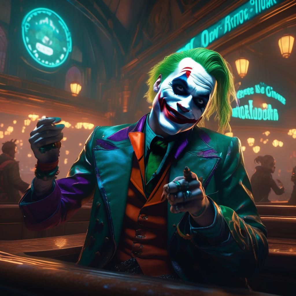 Gothic Joker singing Kareoke with Harley Quinn on backup