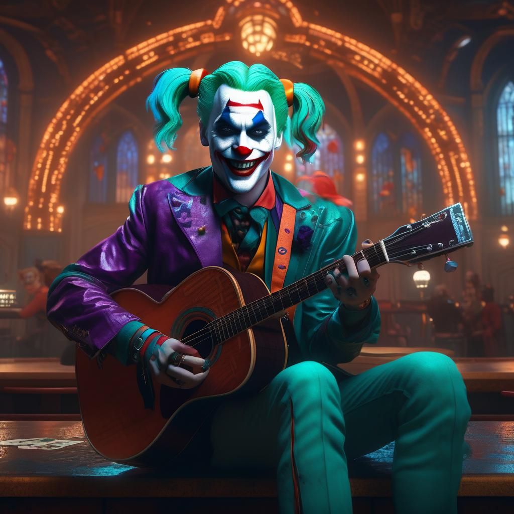 Gothic Joker singing Kareoke with Harley Quinn on backup