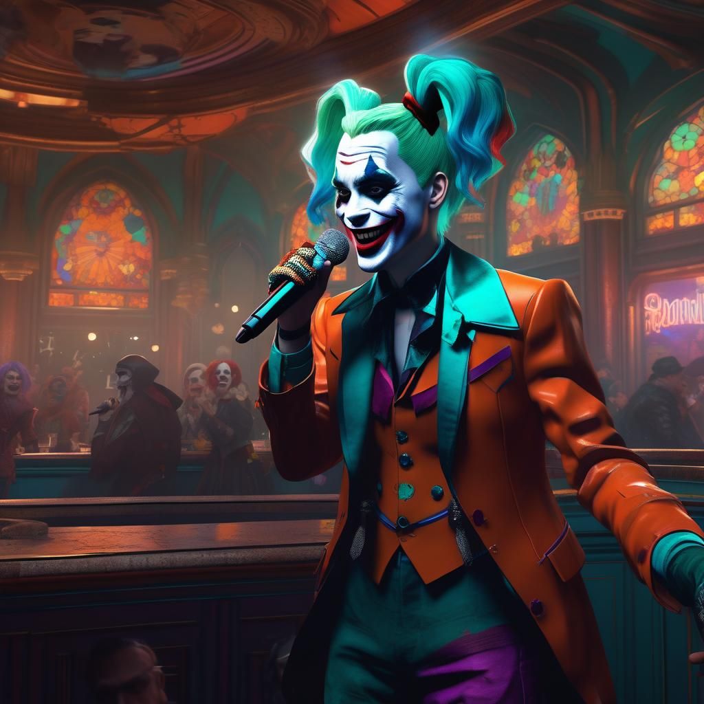 Gothic Joker singing Kareoke with Harley Quinn on backup