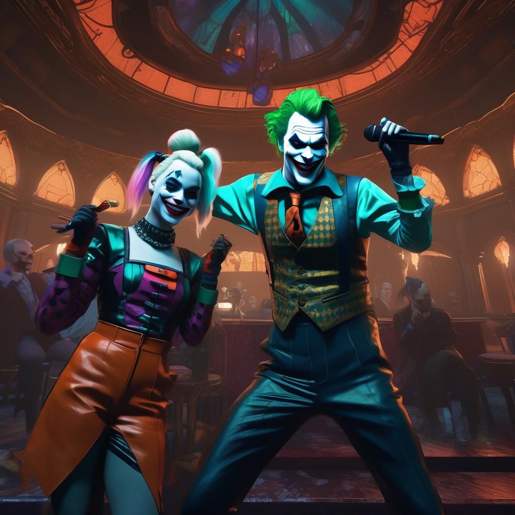 Gothic Joker singing Kareoke with Harley Quinn on backup