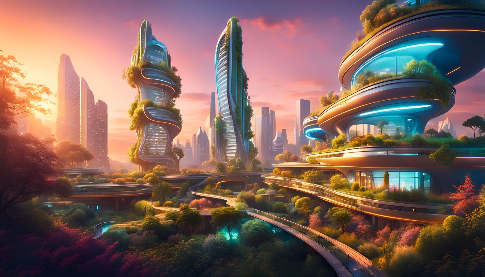 thriving vibrant futuristic city with terraced urban gardens, utopian ...