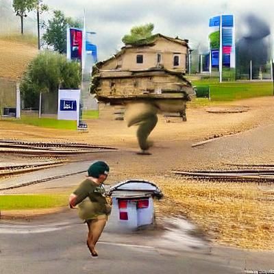 Soldier running away from a tank