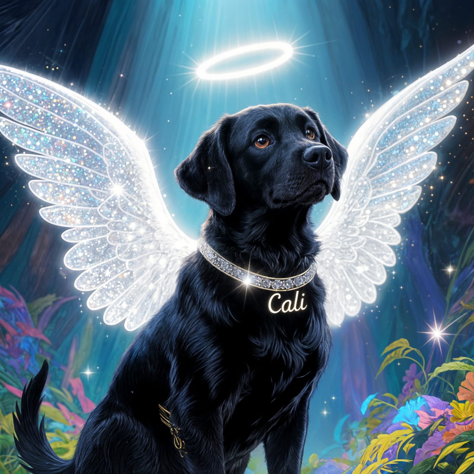 Cali, my sweet female black lab is cute & proud to be all dressed up as an angel. With beautiful sparkling & glittery white glowing wings 