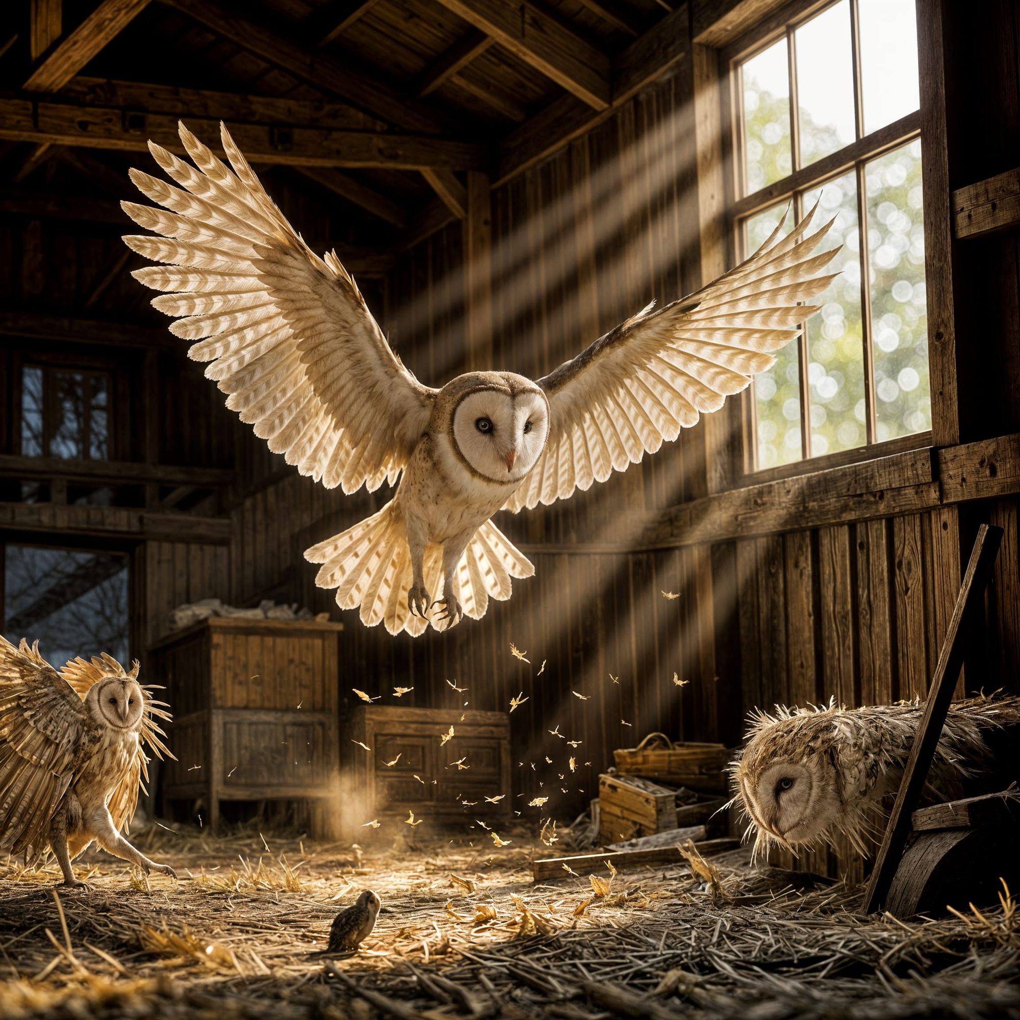 As the creator of this image, I aimed to capture a moment of natural grace and subtle tension within a rustic, dimly lit barn. The central f...
