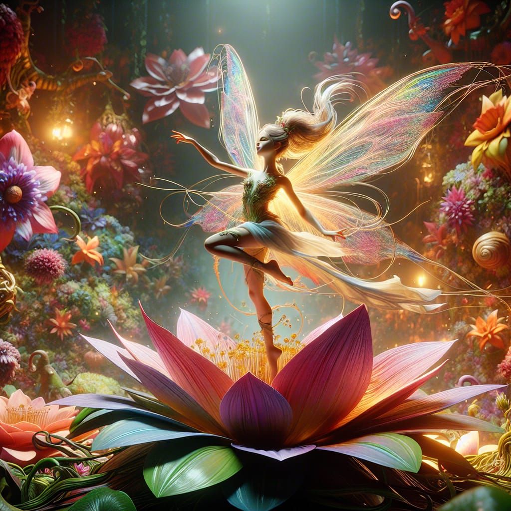 500k ultra clear image. Medium shot. Photorealism. Dynamic, lush,blurred background. Beautiful fairy dancing on top of a incredibly detailed...