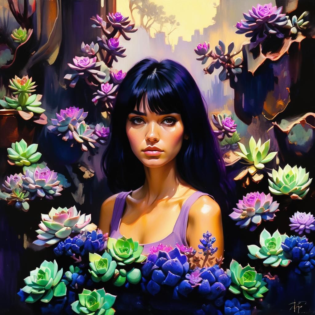 A black haired girl with purple succulents. 8k oil painting by James Gurney  by @Sarajoy