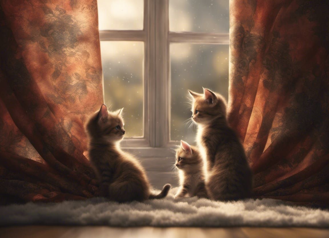 Kittens playing in the curtains