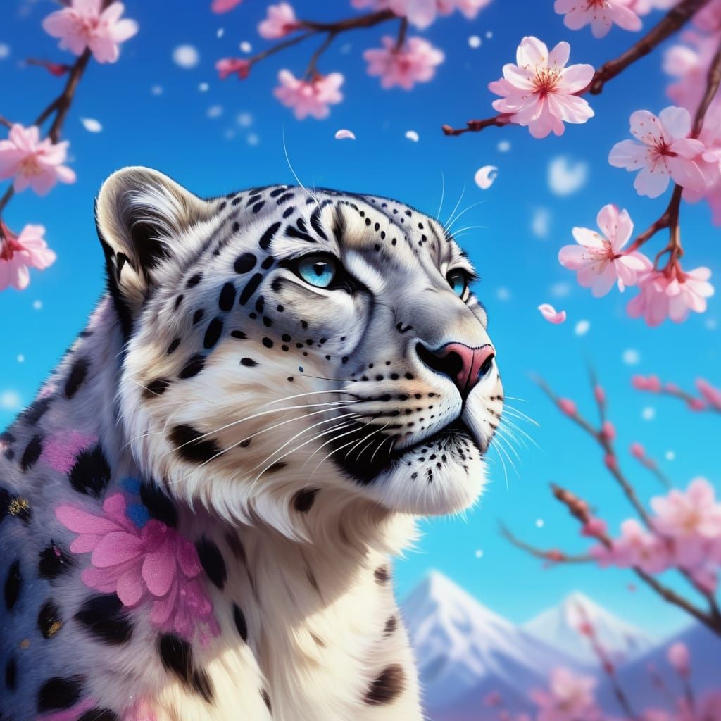snow leopard, sparkles, light from back, cherry blossom tree's background