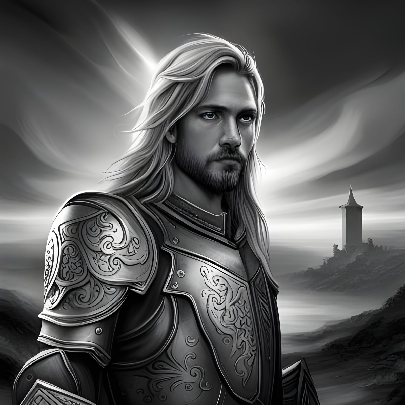 Grayscale knight with medieval castles and horses coloring page - AI ...