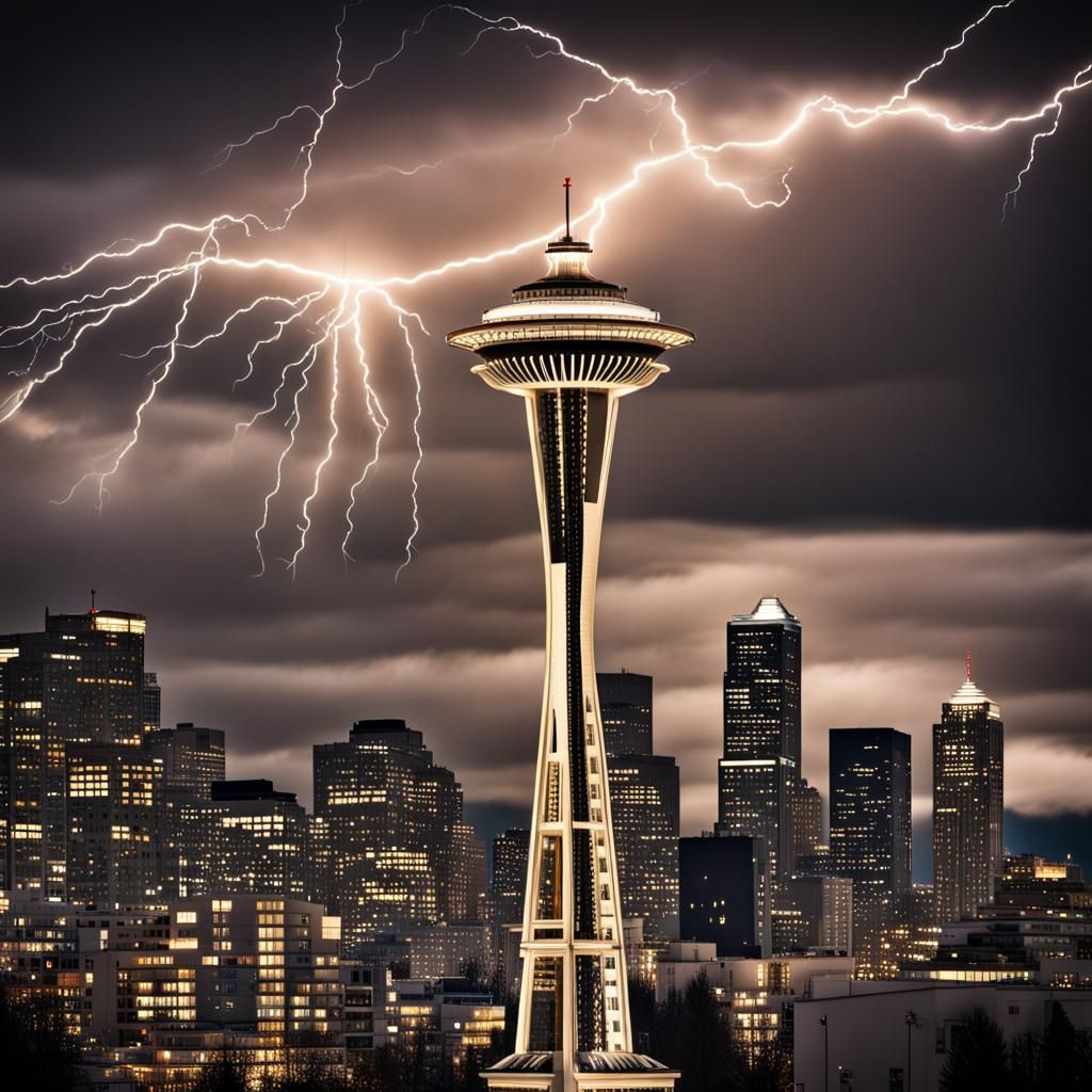 Lighting striking the space needle as the city is bright beh...