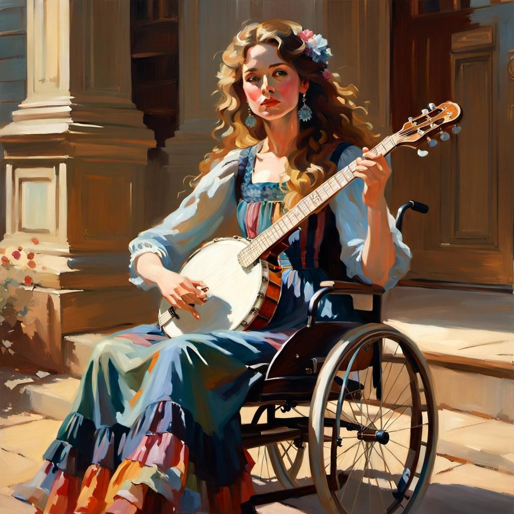 Oil painting of woman wearing colorful tiered maxi dress sitting in a wheelchair playing a banjo  by @Fokje