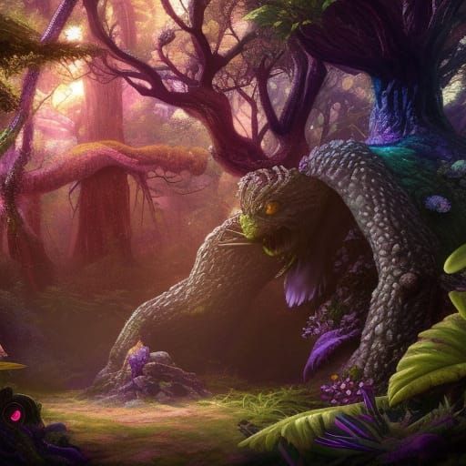 One-eyed monster in the middle of mystical forest with cryst...