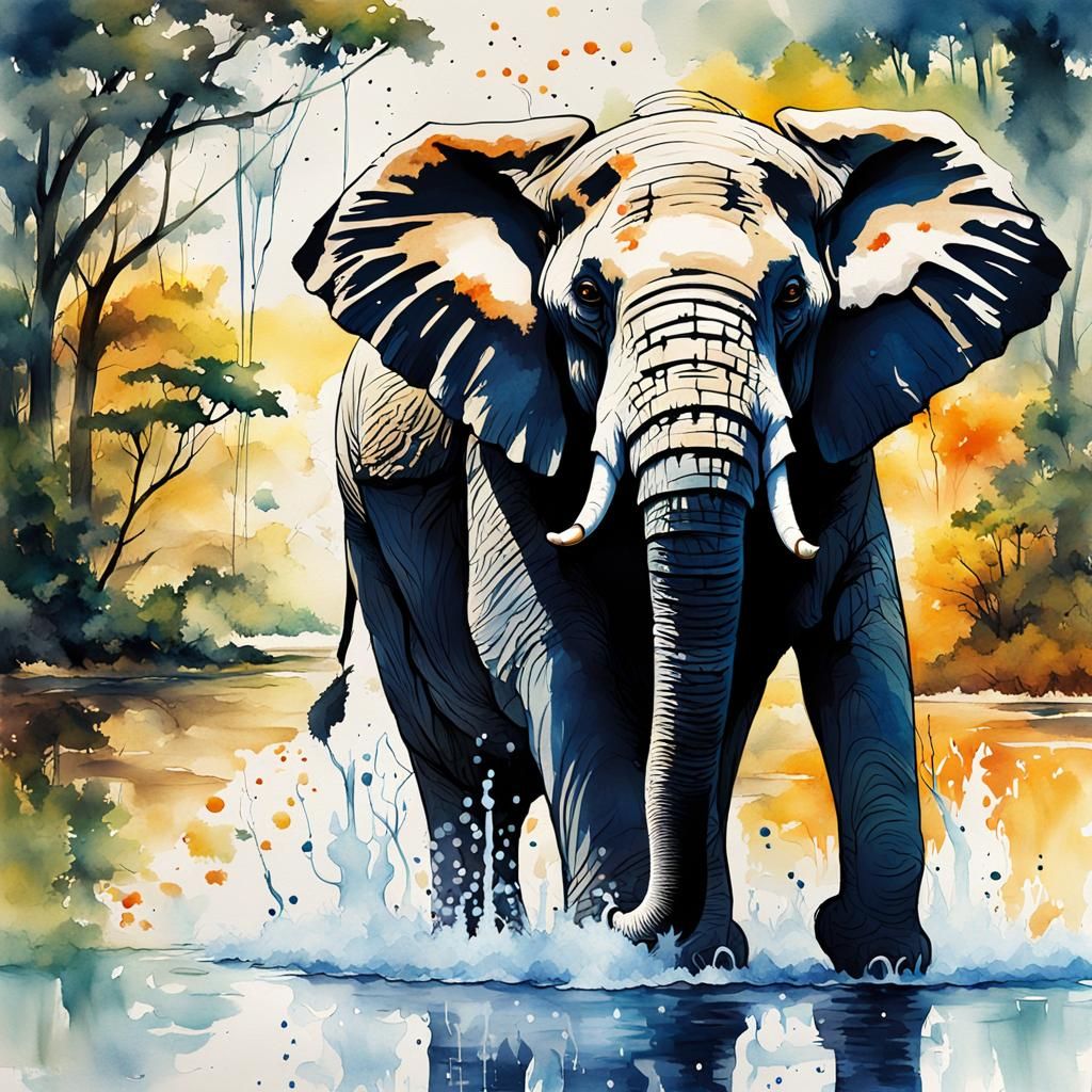 Majestic Elephant Splatter Art in African Lake