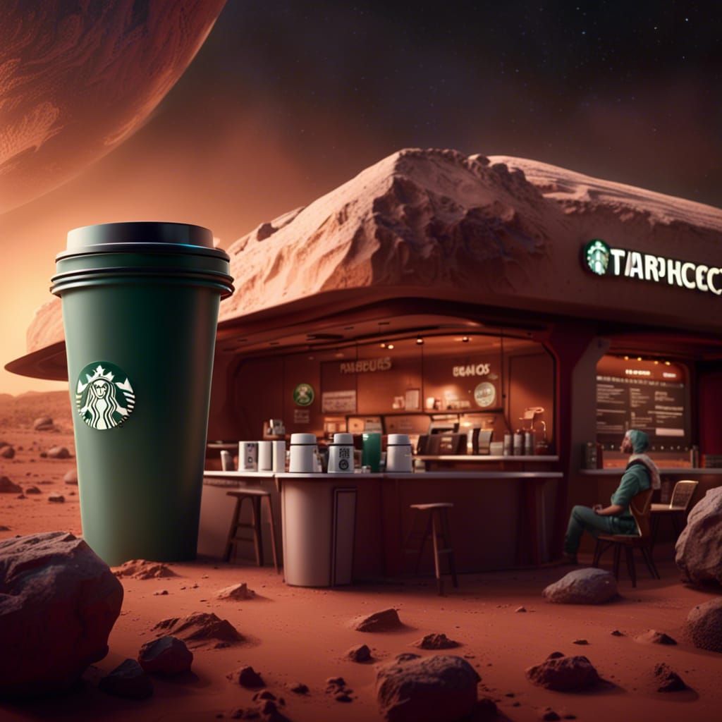 Starbucks on mars with people ordering coffee in the drive t...