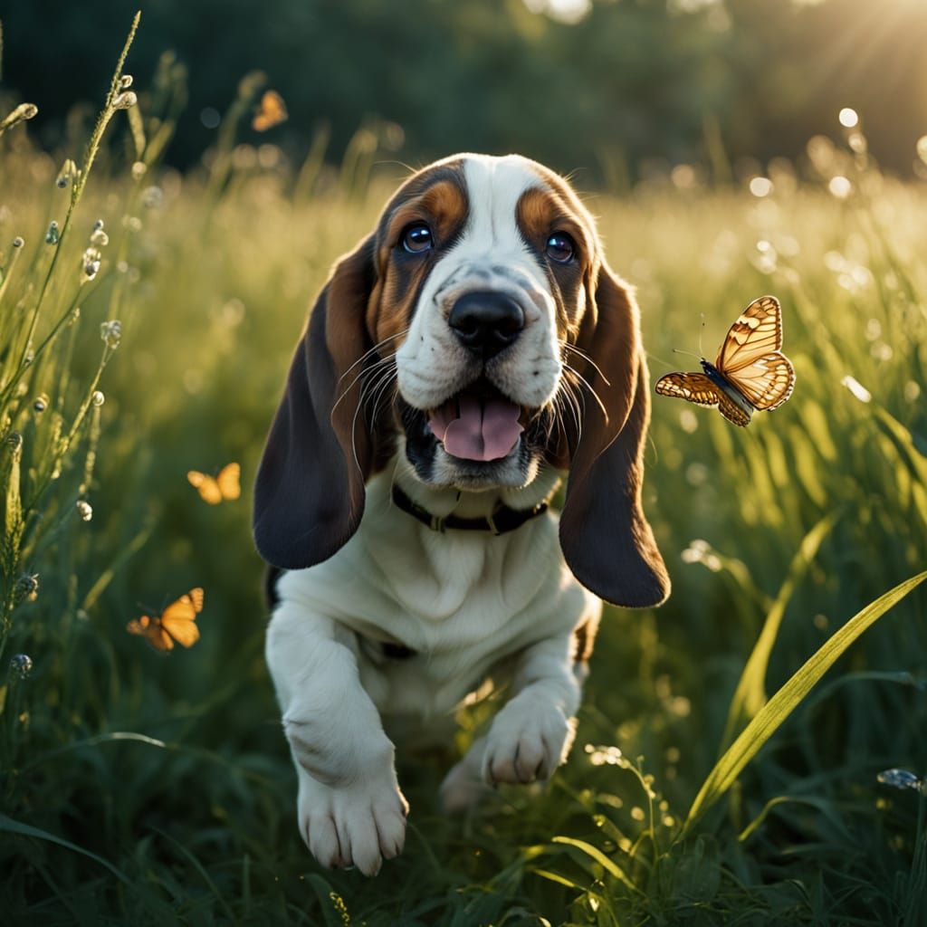Basset puppy chasing a butterfly