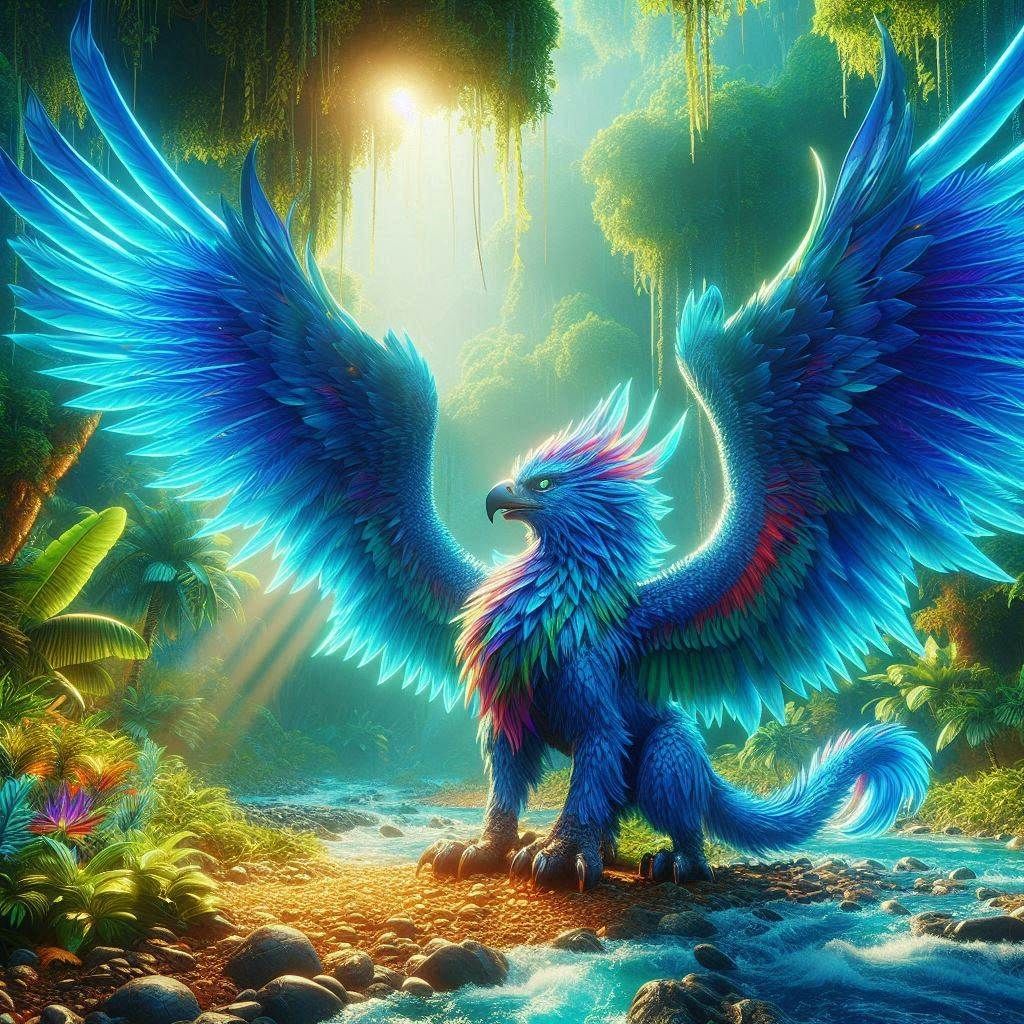 A majestic blue fire griffin