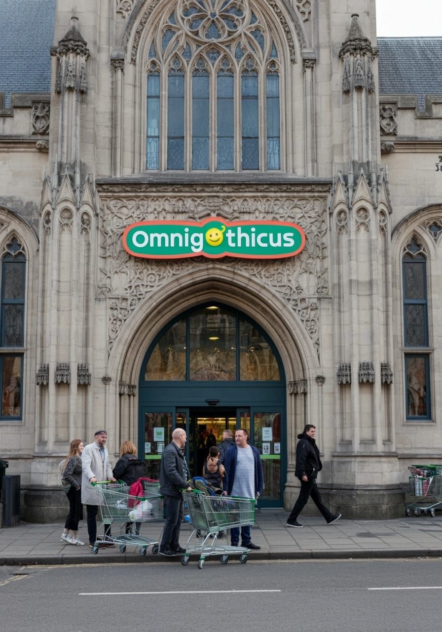 Local residents trying out the new Omnigothicus supermarket. The retail chain that operates exclusively from Gothic architectural buildings.  by @Hoshi