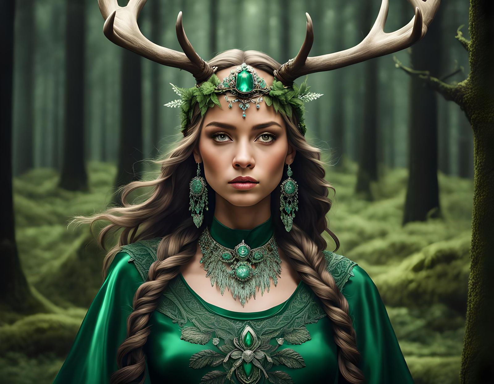 Beautiful Princess of the Forest in her Green Gown and Antlered ...