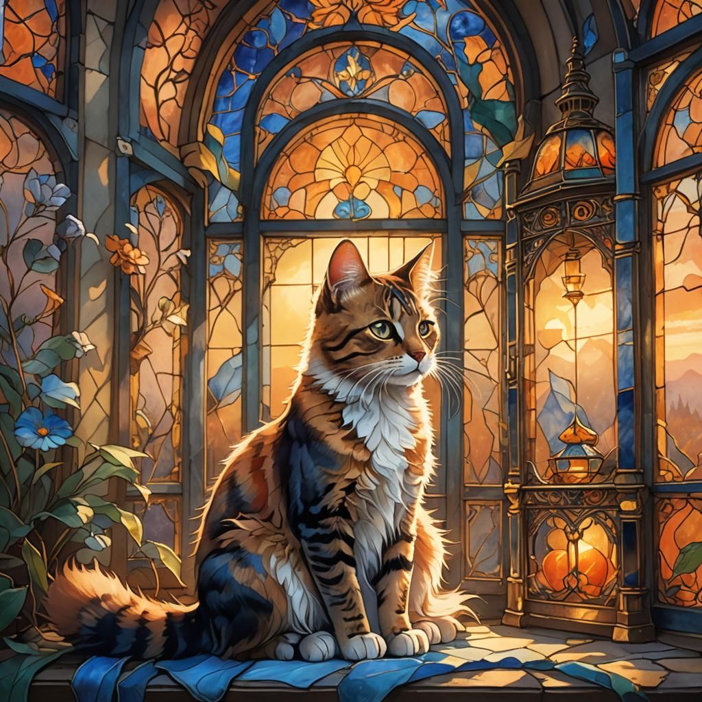 Loving Cat in Stained Glass Lantern, Ghibli Style