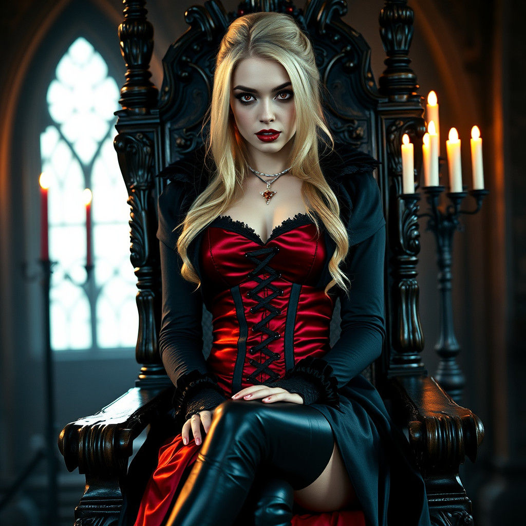 very close to the camera shot photo of a beautiful blonde vampiress, her visage is that of a fierce vampire ...  by @J E thetford
