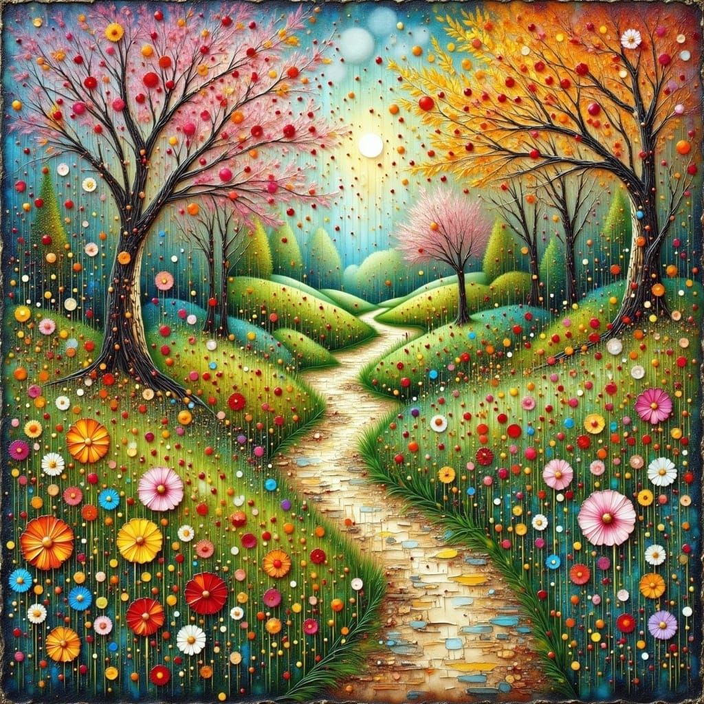 Garden path, in the spring, 🌸⚘️🪻🌻, by Anna Silivonchik and Aubrey Beardsley, encaustic, whimsical, vibrant, intricately detailed <lora:Ea...