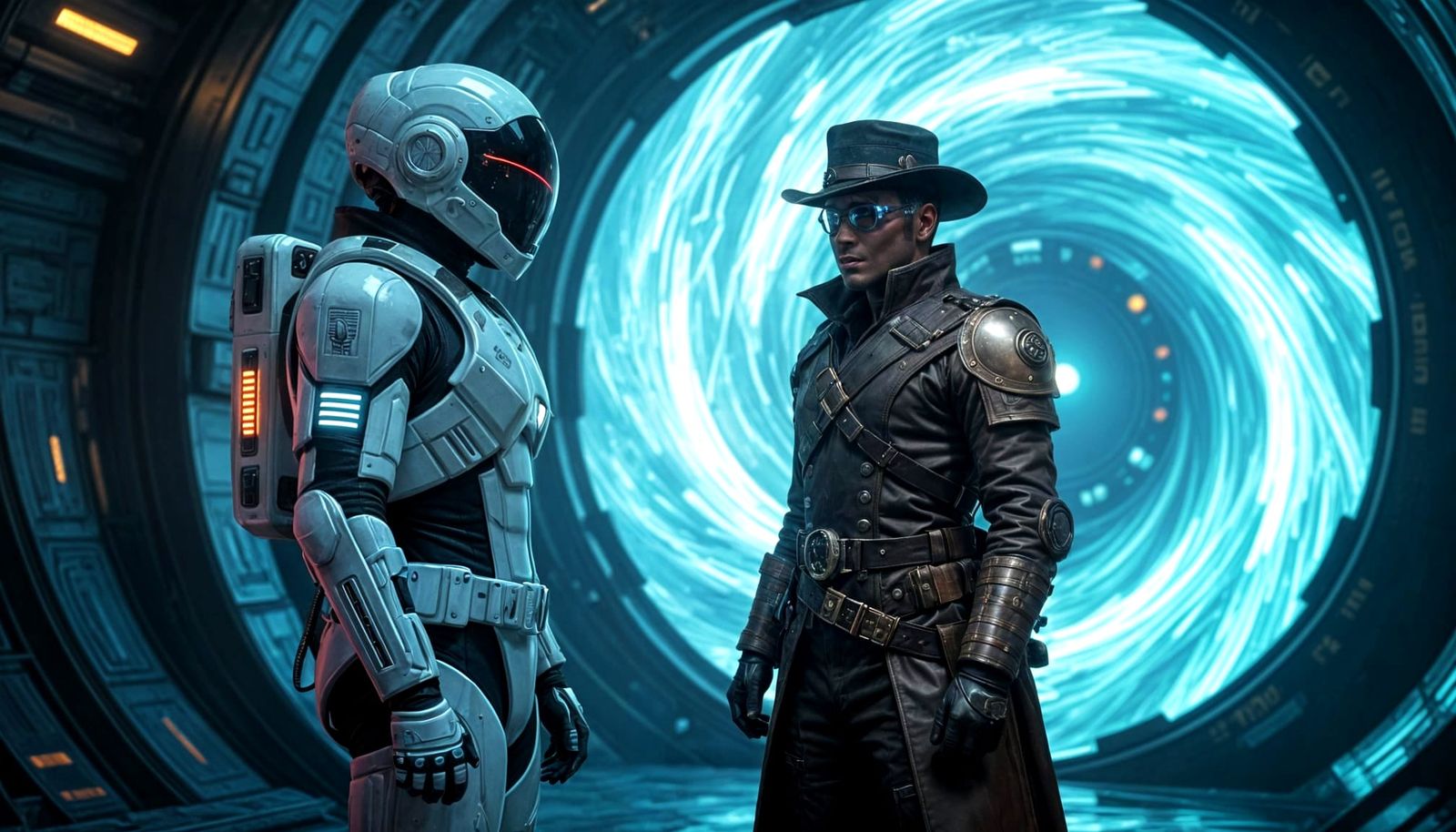 left in the picture is a futuristic looking sci-fi time traveling solider in hi tech suit with thin neon ...  by @undefined