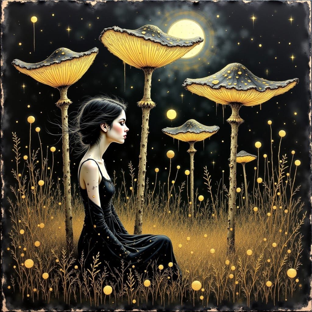 <lora:Ancient Gold:1.0> Hyper realistic Grunge Scratchy textured ink lines. inky watercolour washes. Bold scratchy outline on aged black can...