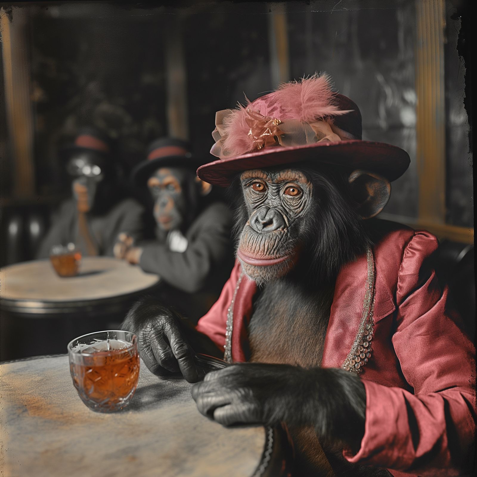 Colorized photos of lady chimp in 1920s bar