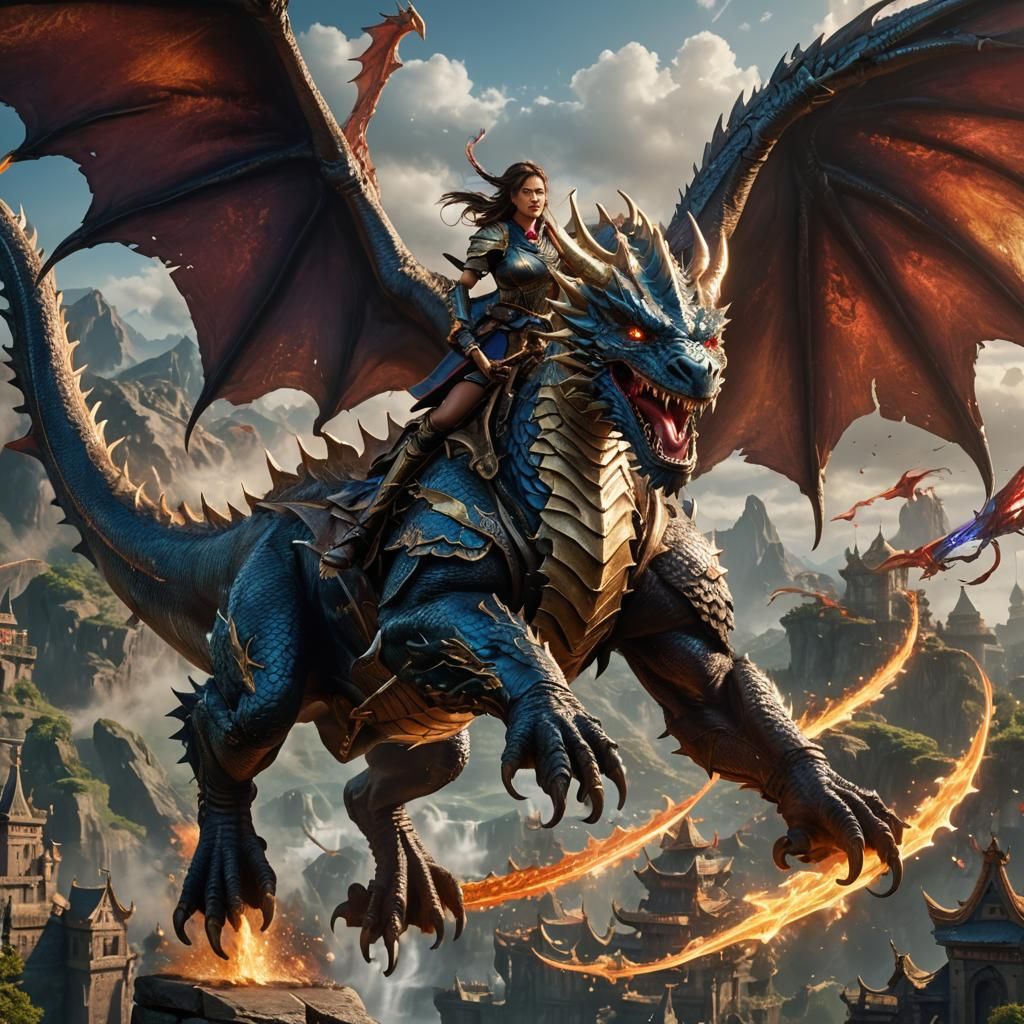 Warrior Woman Rides Dragon in Fantasy Concept Art
