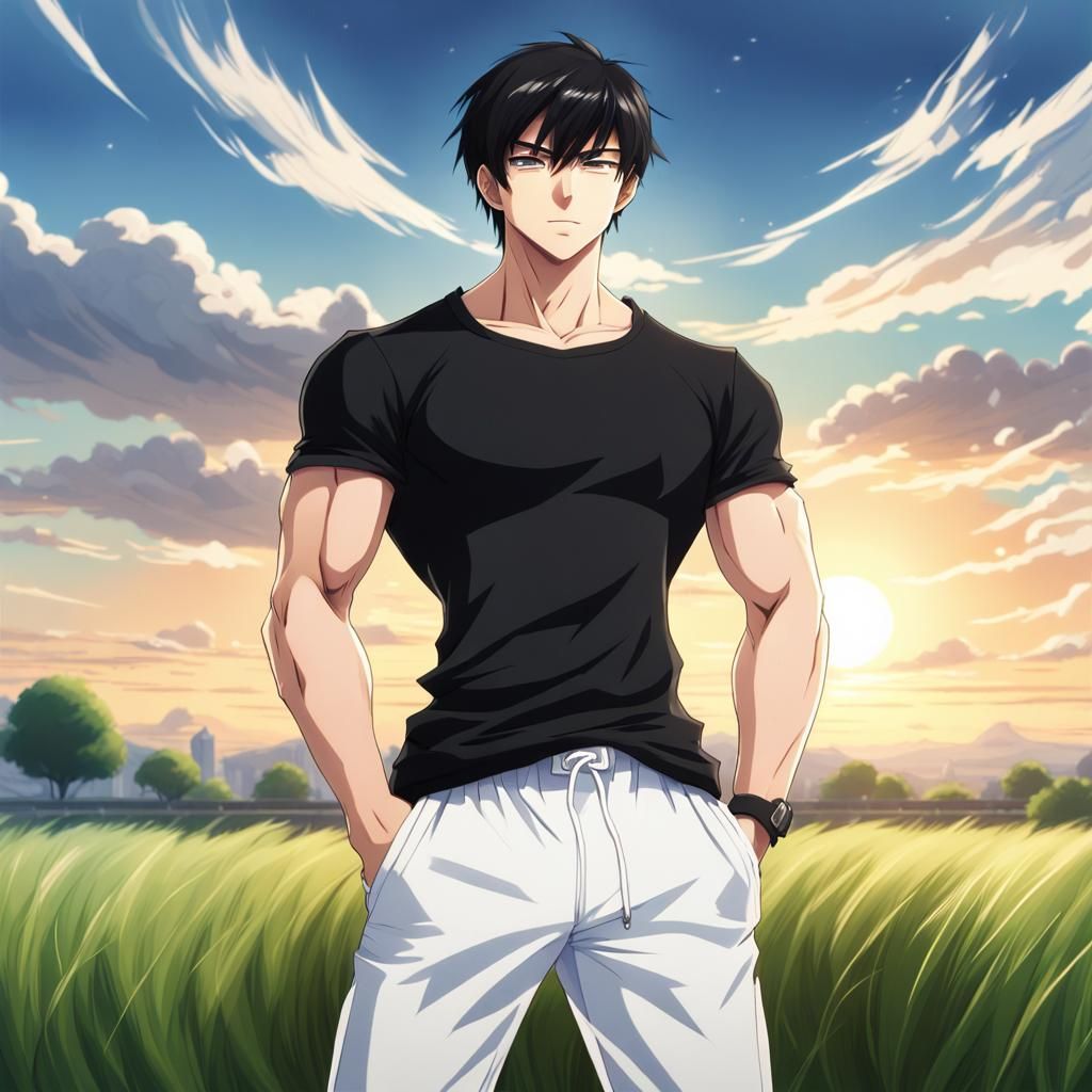 Create an anime portrait of a young man who is very muscular, handsome,  with skin as white as snow, short black hair, and dressed in a black -  AI Generated Artwork 