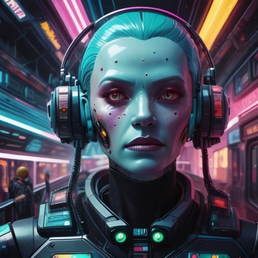 <lora:Bonbon Panic:1.0>
Medium shot of a female sci-fi protagonist in a cyberpunk city on a rainy evening. Candy sci-fi