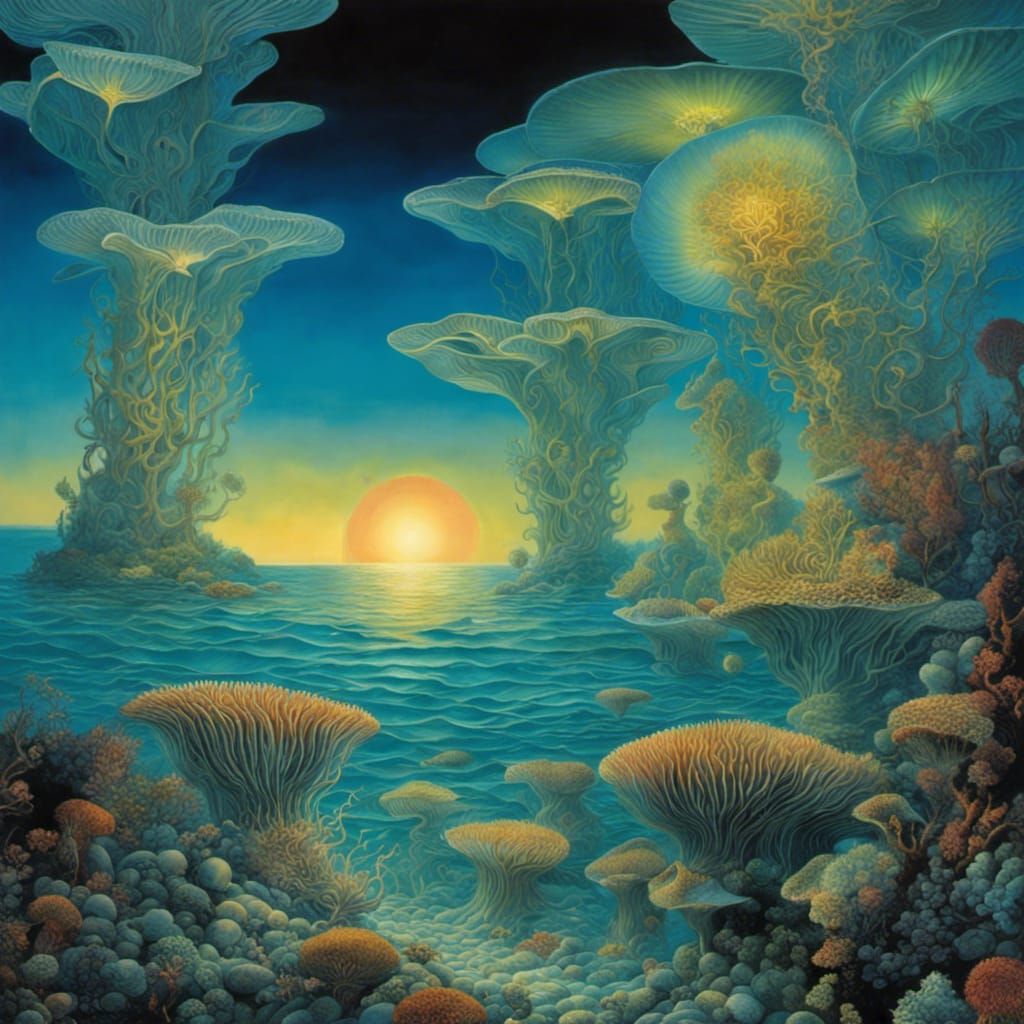 a calm shimmering ocean with fantastical sea plant formations in the ...